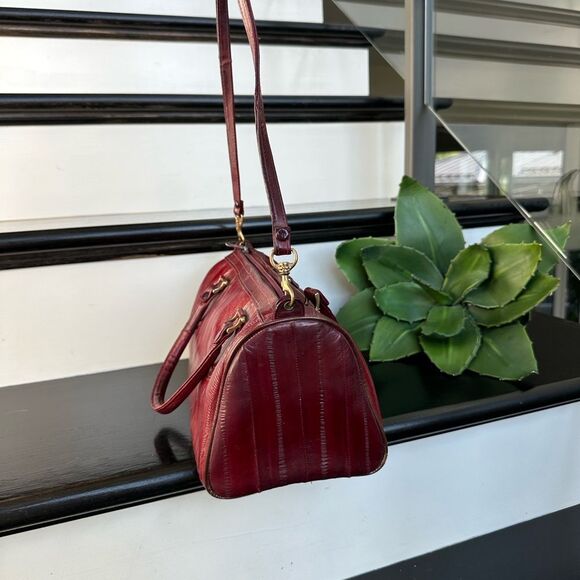 Genuine Eel Skin Leather Satchel Crossbody Shoulder Bag Deep Burgundy Red Purse - Picture 5 of 9